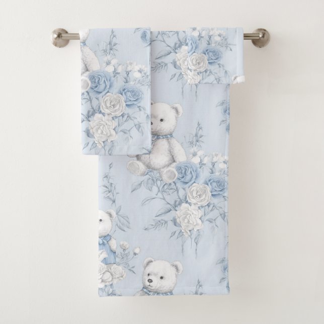 teddy bear with blue roses bath towel set (Insitu)