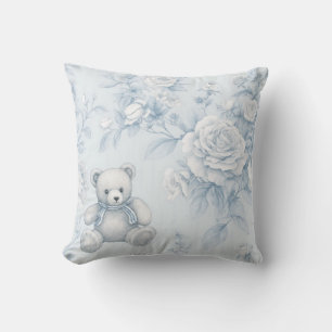 teddy bear with blue roses throw pillow