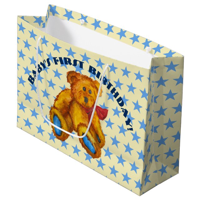 Teddy Bear With Blue Stars Large Gift Bag (Front Angled)