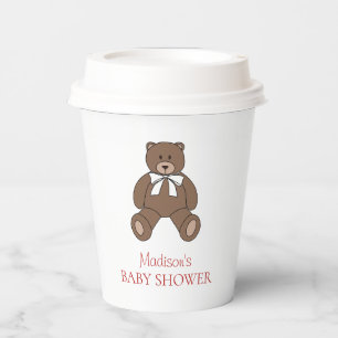 Teddy Bear with Bow and Red Text Name Baby Shower Paper Cups