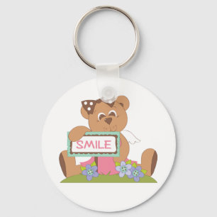 Teddy Bear with Bow Holding Smile Sign  Keychain