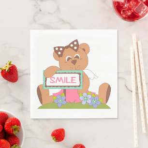 Teddy Bear with Bow Holding Smile Sign  Napkin