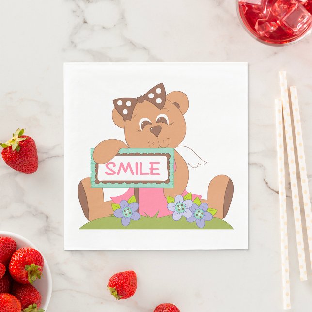 Teddy Bear with Bow Holding Smile Sign  Napkin (Creator Uploaded)