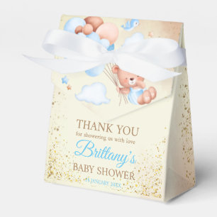 Teddy bear with brown and blue balloons and clouds favor box