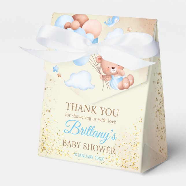 Teddy bear with brown and blue balloons and clouds favor box (Front Side)