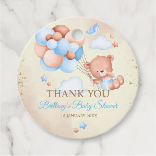 Teddy bear with brown and blue balloons and clouds favour tags