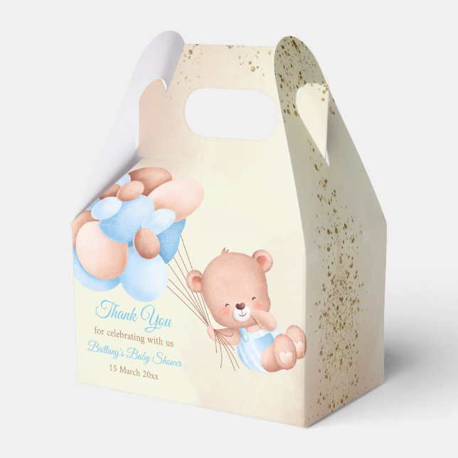 Teddy bear with brown and blue balloons favor box (Front Side)