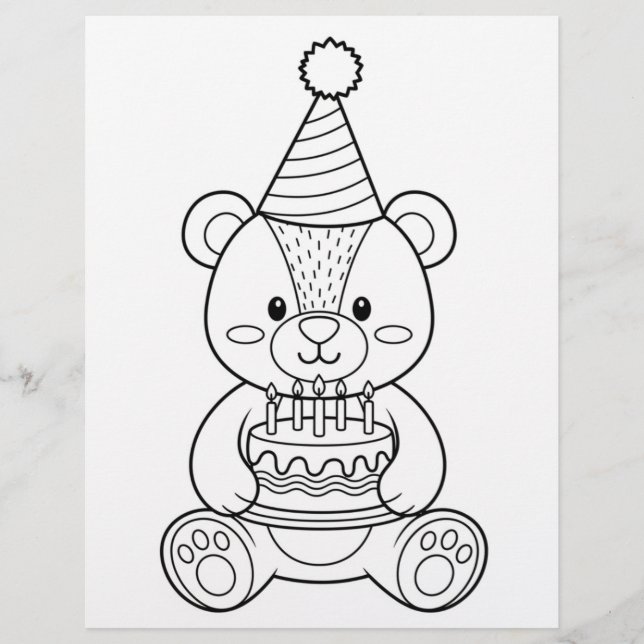 Teddy Bear with Cake Coloring Page (Front)