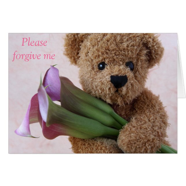 teddy bear with calla lilies forgive me card (Front Horizontal)