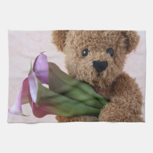 teddy bear with calla lilies kitchen towel