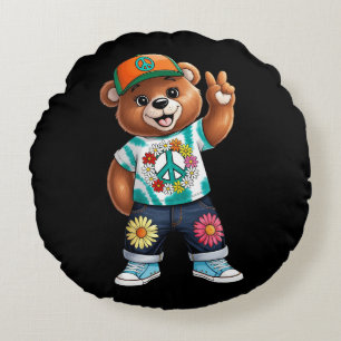 Teddy Bear with casual peaceful outfit 1 Round Pillow