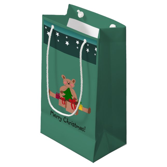 Teddy Bear with Christmas Presents Small Gift Bag (Front Angled)