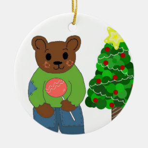 Teddy Bear with Christmas Tree Ceramic Ornament