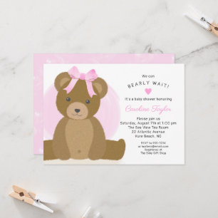 Teddy Bear with Cute Pink Bow Baby Girl Shower Invitation