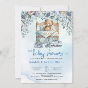 Teddy bear with dusty blue and beige flowers invitation