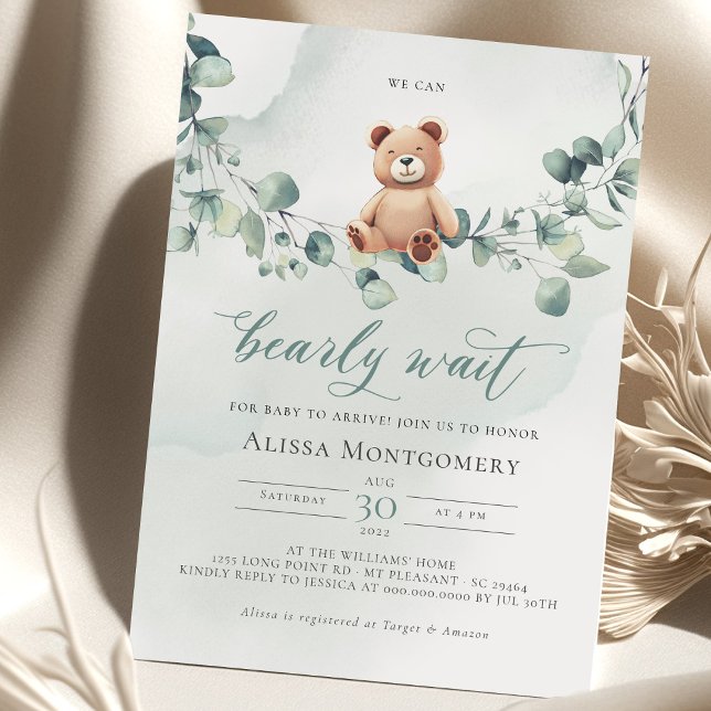 Teddy Bear with Eucalyptus Baby Shower Invite Postcard (Creator Uploaded)