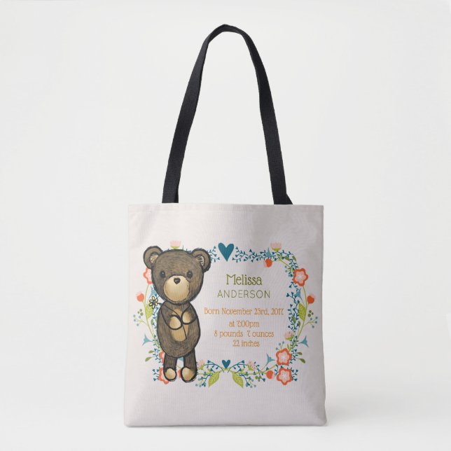 Teddy Bear with Floral Designs Baby Birth Tote Bag (Front)