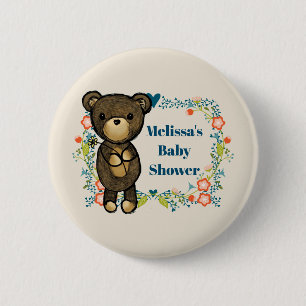 Teddy bear with Floral Wreath Baby Shower 2 Inch Round Button
