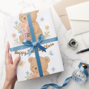 Teddy Bear with Flowers Personalized Birthday Gift Wrapping Paper