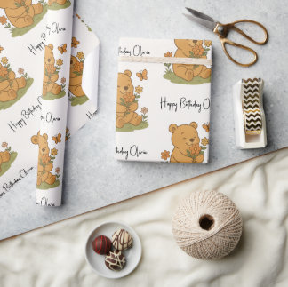 Teddy Bear with Flowers Personalized - Birthday  Wrapping Paper