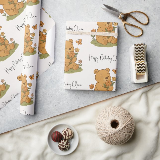 Teddy Bear with Flowers Personalized - Birthday  Wrapping Paper (Crafts)