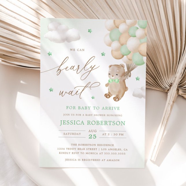 Teddy Bear with Green Balloons Baby Shower Invitation (Creator Uploaded)