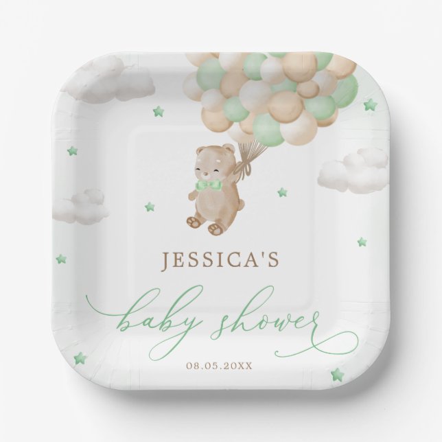 Teddy Bear with Green Balloons Baby Shower Paper Plate (Front)