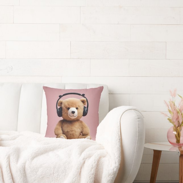 Teddy Bear With Headphones Throw Pillow (Couch)