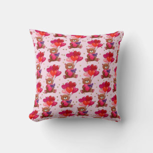 Teddy Bear With Heart Balloons Pattern Throw Pillow