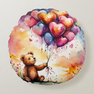 Teddy bear with Heart shaped balloons Round Pillow