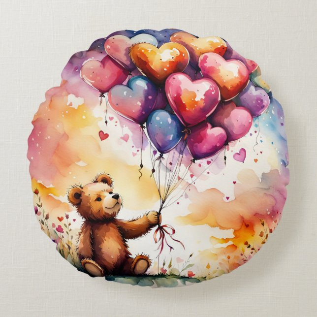 Teddy bear with Heart shaped balloons Round Pillow (Front)