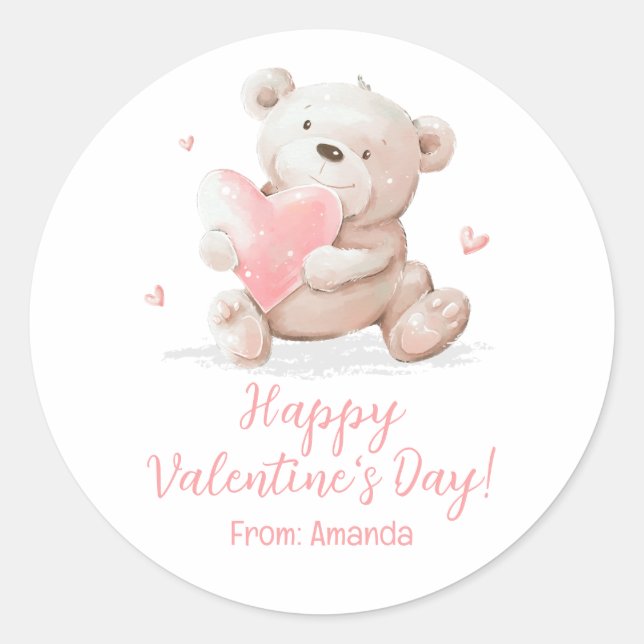 Teddy Bear with Name Valentine's Day Classic Round Sticker (Front)