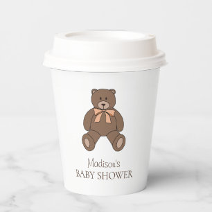 Teddy Bear with Orange Bow and Name Baby Shower Paper Cups