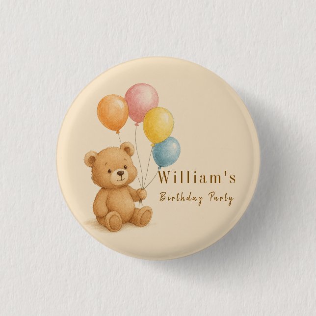 Teddy Bear with Pastel Balloons Round Button  (Front)