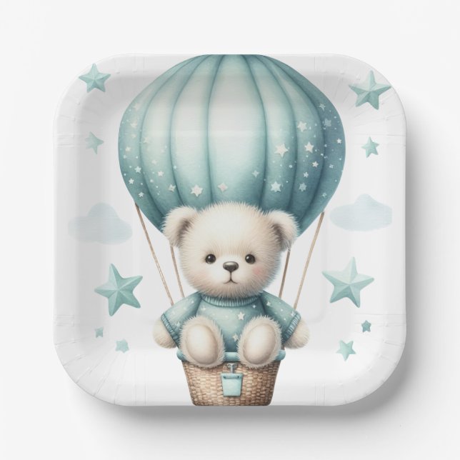 TEDDY BEAR WITH PASTEL GREEN BALLOON PAPER PLATE (Front)