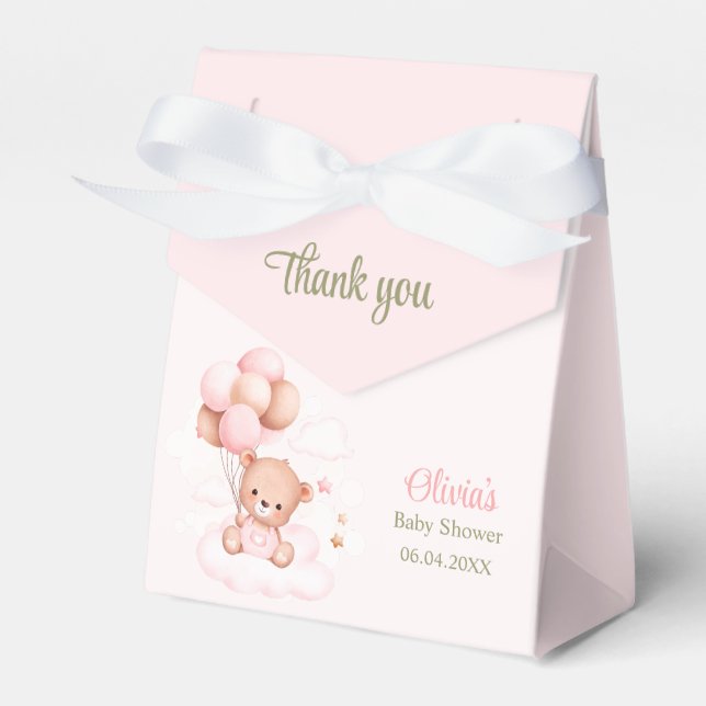 Teddy Bear with Pink Balloons Baby Shower Favor Box (Front Side)