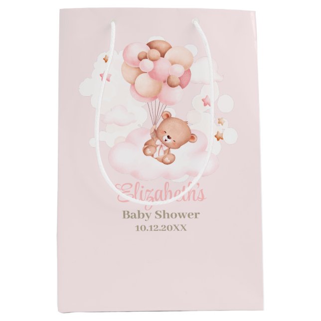 Teddy Bear with Pink Balloons Baby Shower  Medium Gift Bag (Front)
