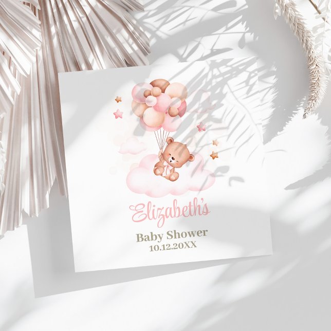 Teddy Bear with Pink Balloons Baby Shower  Napkin (Teddy Bear with Pink Balloons Baby Shower Napkins on a sunny white table.)