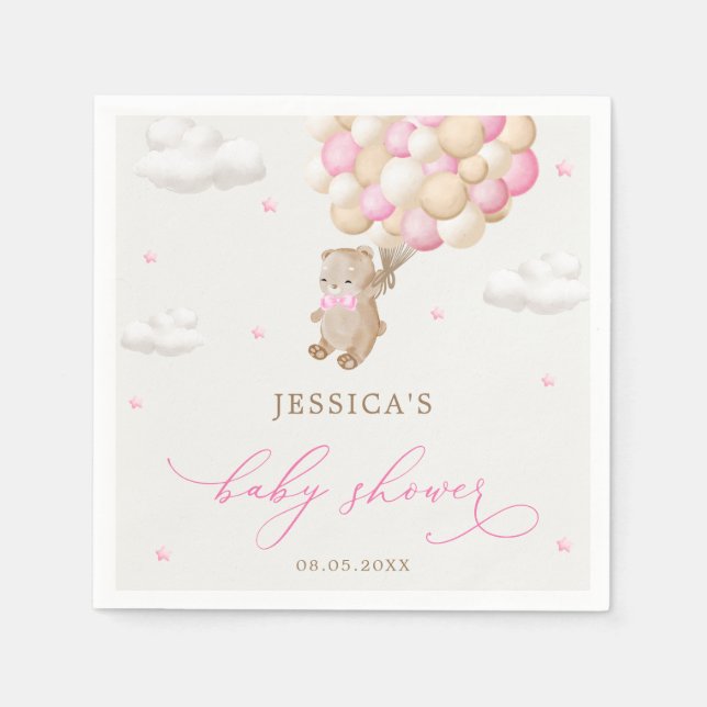 Teddy Bear with Pink Balloons Baby Shower Napkin (Front)