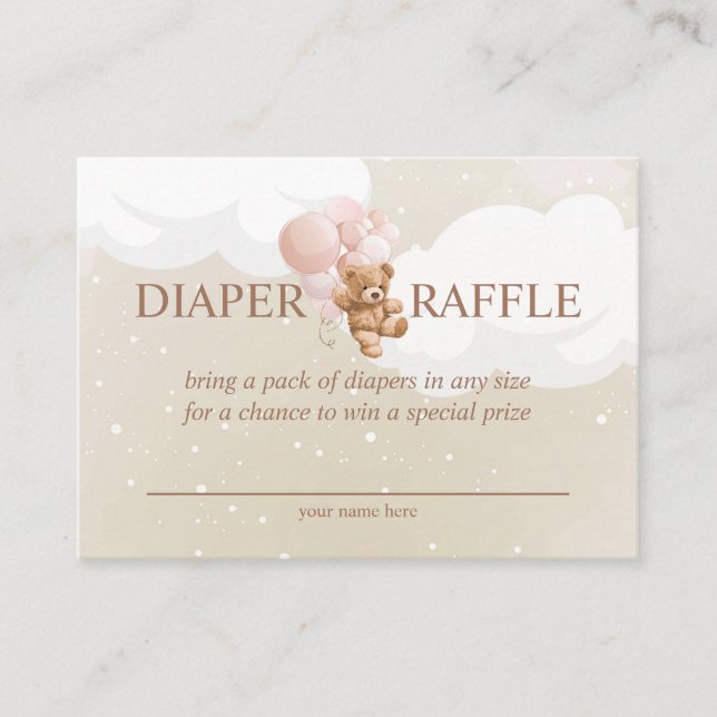 Teddy Bear with Pink Balloons Diaper Raffle Card (Front)