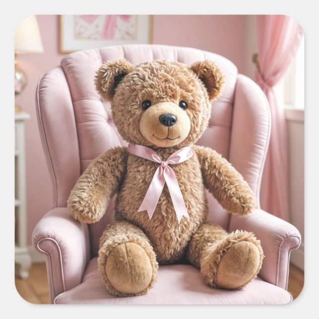 Teddy Bear With Pink Bow Square Sticker (Front)