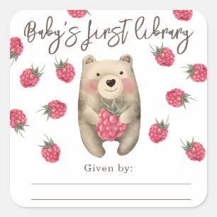 Teddy bear with raspberry - baby's first library square sticker