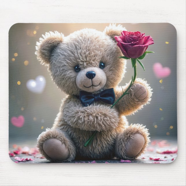Teddy Bear With Red Rose Mouse Pad (Front)
