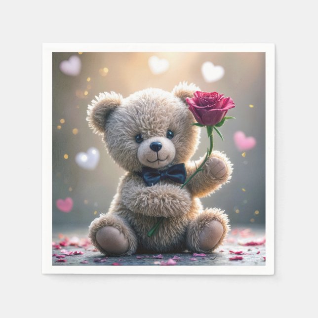 Teddy Bear With Red Rose Napkin (Front)