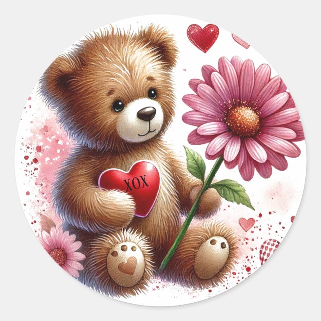 Teddy Bear With Red Valentine Heart  Classic Round Sticker (Front)