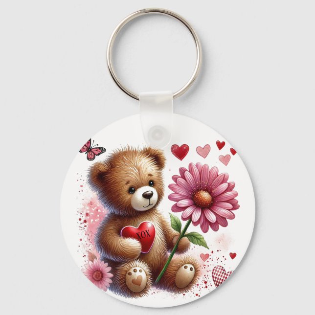 Teddy Bear With Red Valentine Heart  Keychain (Front)