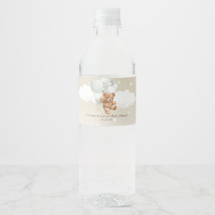 Teddy Bear with Sage and White Balloons Water Bottle Label