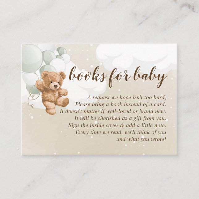 Teddy Bear with Sage Balloons Books For Baby Card (Front)