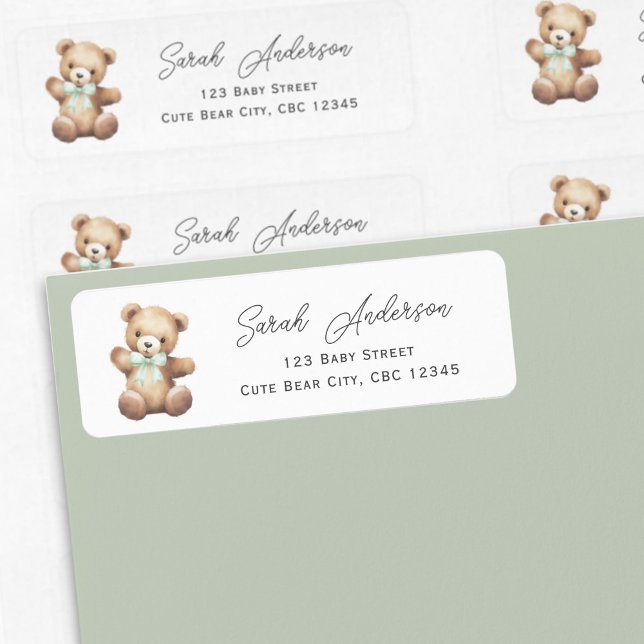 Teddy Bear with Sage Green Ribbon Shower (Sage Green Teddy Bear Return Labels.)