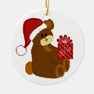 Teddy Bear with Santa Hat and Red Present Ceramic Ornament